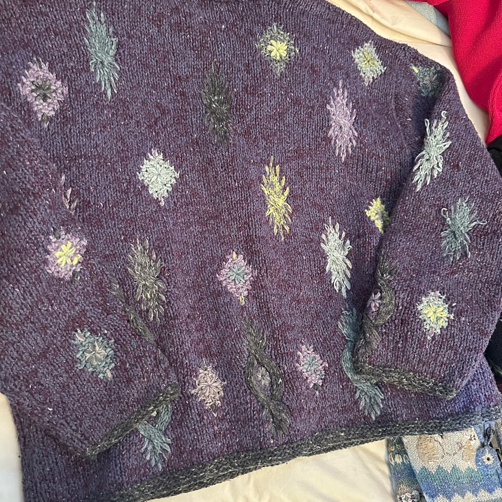 Sigrid Olsen Purple Knit V-Neck Button Front Cardigan with Multicolor Embroidery - Picture 7 of 8